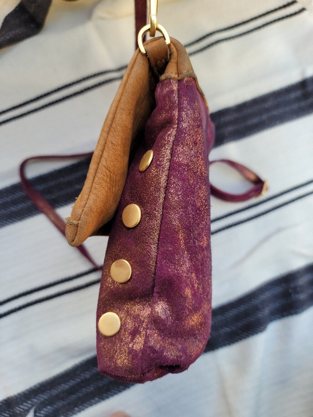 Hammit Leather Fold-Over Crossbody Bag in Brown and Plum with Gold Accents - Picture 3 of 15